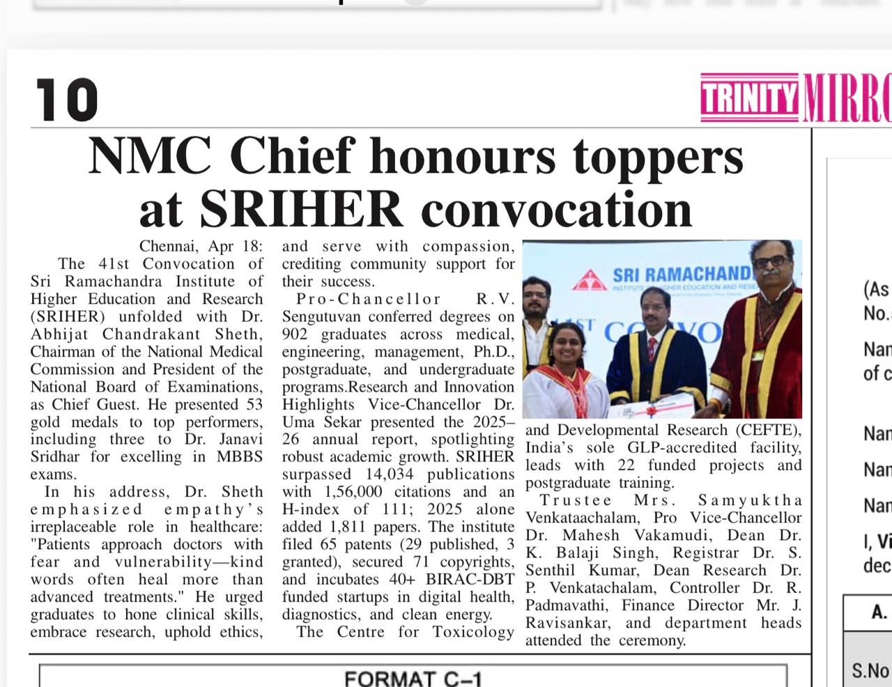 41 st Convocation of Sri Ramachandra Institute of Higher Education and Research (SRIHER)